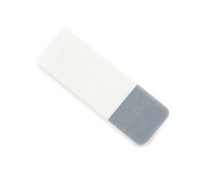 New double eraser isolated on white, top view. School stationery
