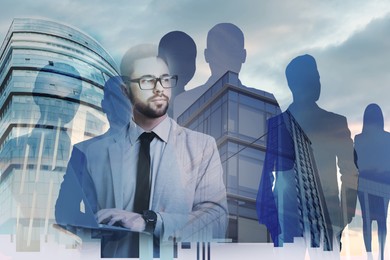 Multiple exposure of businesspeople, cloudy sky and buildings. Leadership concept