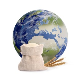 Global food crisis concept. Globe of Earth, flour in bag and cereal spikes on white background