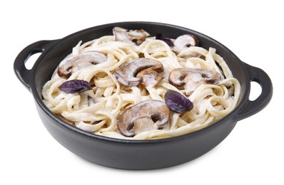 Photo of Delicious pasta with mushrooms on white background