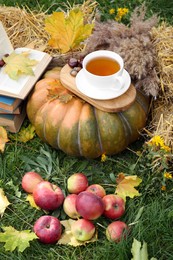 Books, pumpkin, apples and cup of tea on green grass outdoors. Autumn season