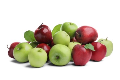 Fresh ripe green and red apples on white background