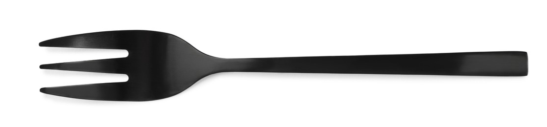 Photo of New black dessert fork isolated on white, top view