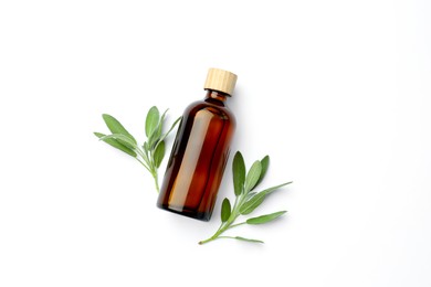 Bottles of essential sage oil and twigs on white background, top view