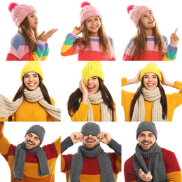 Collage with photos of people wearing warm clothes on white background. Winter vacation