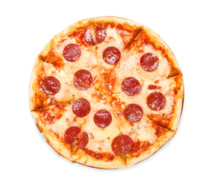 Photo of Hot delicious pepperoni pizza on white background, top view