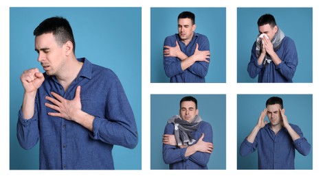 Collage with photos of man with cold symptoms on white background. Banner design