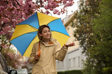 Young woman with umbrella near blossoming tree on spring day