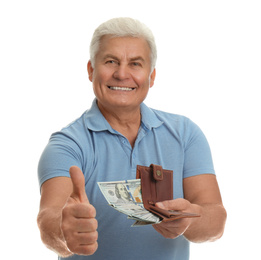 Happy senior man with cash money and wallet on white background