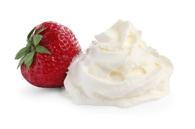 Delicious strawberry with whipped cream on white background