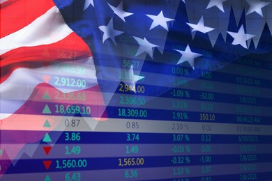 Double exposure of price quotes and American flag. US economy