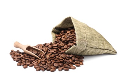Sack and roasted coffee beans on white background