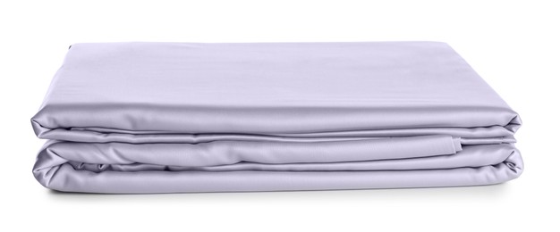 Stack of clean silky bed linen isolated on white