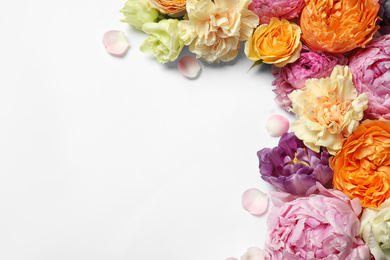 Photo of Beautiful floral composition with flowers on white background, flat lay. Space for text