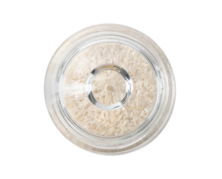 Uncooked rice in glass jar isolated on white, top view