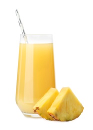 Photo of Delicious pineapple juice and fresh fruit isolated on white