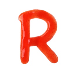 Photo of Letter R written with red sauce on white background