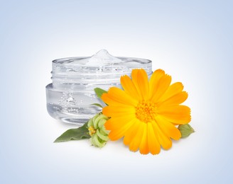 Transparent gel with calendula extract on light background. Natural based cosmetic product