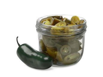Photo of Fresh and pickled green jalapeno peppers on white background