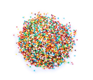 Colorful sprinkles on white background, top view. Confectionery decor