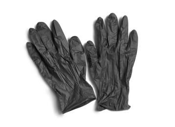 Photo of Medical gloves on white background, top view