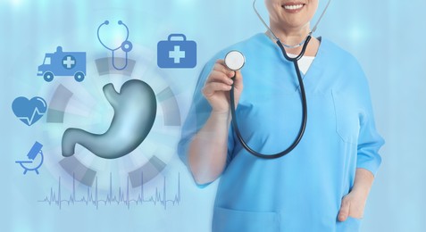 Illustration of stomach and mature doctor with stethoscope on light blue background, closeup. Banner design