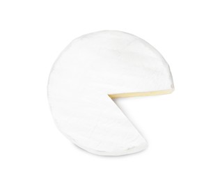 Tasty cut brie cheese isolated on white, top view