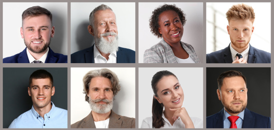 Image of Collage with portraits of different business people. Banner design