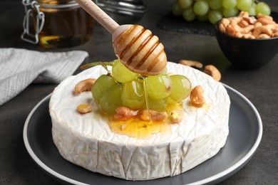 Pouring honey onto brie cheese served with grape and cashew nuts on dark grey table, closeup