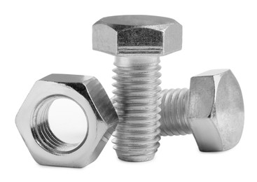 Metal hex bolts with nut on white background