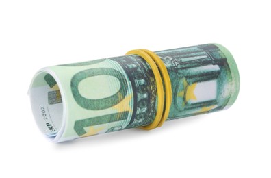 Roll of euro banknotes isolated on white. Money and finance