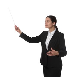 Professional young conductor with baton on white background