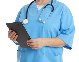Mature doctor with clipboard on white background, closeup