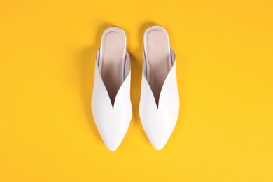 Photo of Pair of female shoes on color background, top view