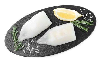 Fresh raw squid tubes with lemon, rosemary and salt on white background, top view