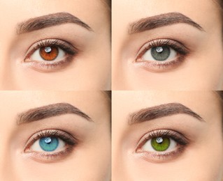 Image of Collage with photos of woman wearing different color contact lenses, closeup