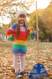 Photo of Cute girl cleaning fallen leaves with rake, outdoors. Autumn work