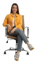 Young woman sitting in comfortable office chair on white background