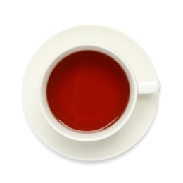 Cup of hot tea and saucer isolated on white, top view
