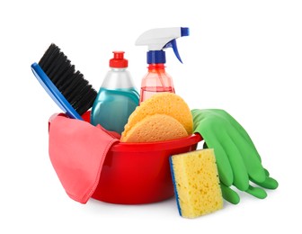 Red basin with cleaning supplies and tools on white background