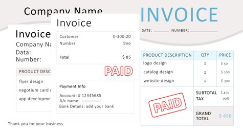Illustration of Invoices with stamp PAID and payment information. Illustration
