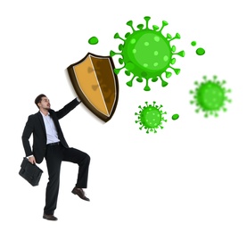 Be healthy - boost your immunity. Man blocking viruses with shield, illustration