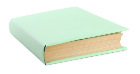 Book with blank light green cover isolated on white