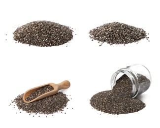 Image of Set with chia seeds on white background