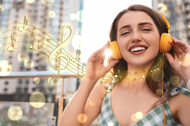 Image of Beautiful young woman listening to music with headphones outdoors. Bright notes illustration