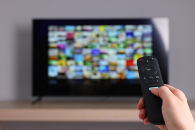 Woman switching channels on TV set with remote control at home, closeup. Space for text