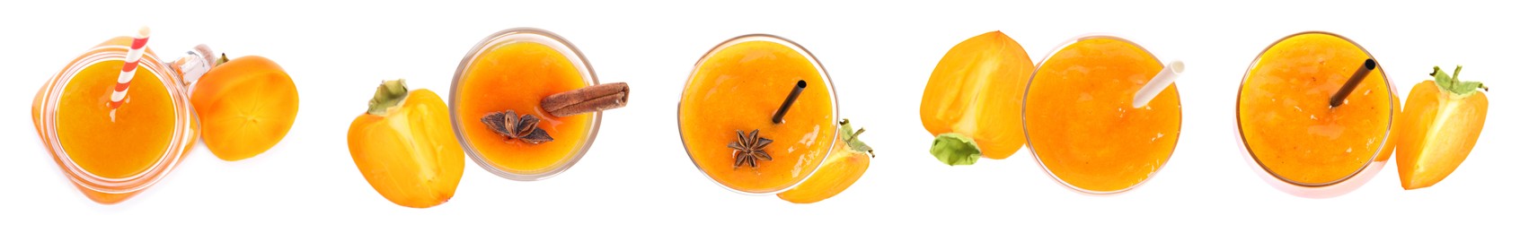 Set with tasty persimmon smoothies on white background, top view. Banner design