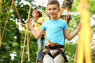 Little boy climbing in adventure park. Summer camp