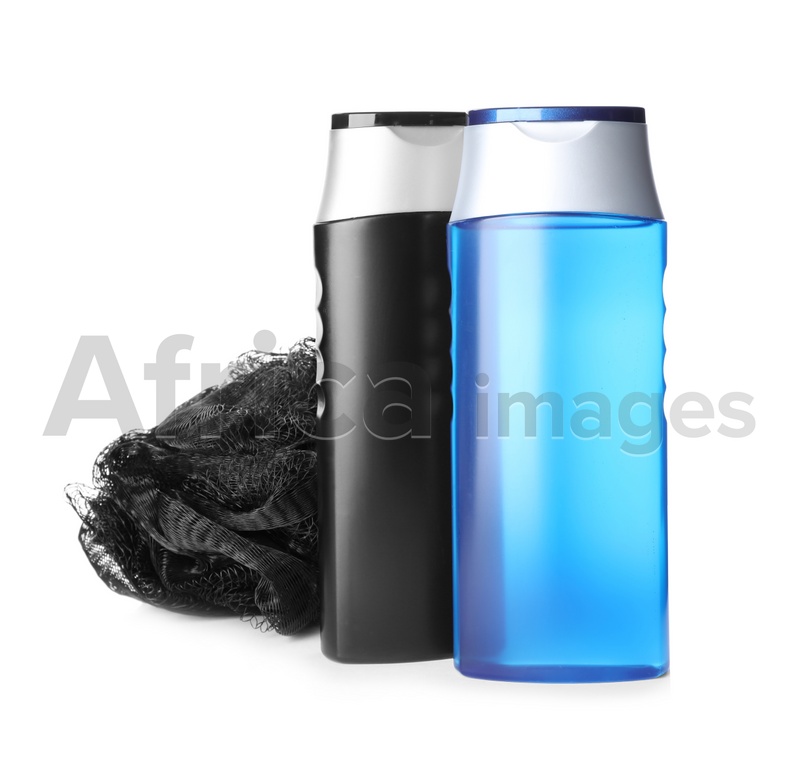 Photo of Shampoo, shower gel and bast wisp isolated on white. Men's cosmetic