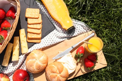 Blanket with juice and snacks for picnic on green grass, flat lay